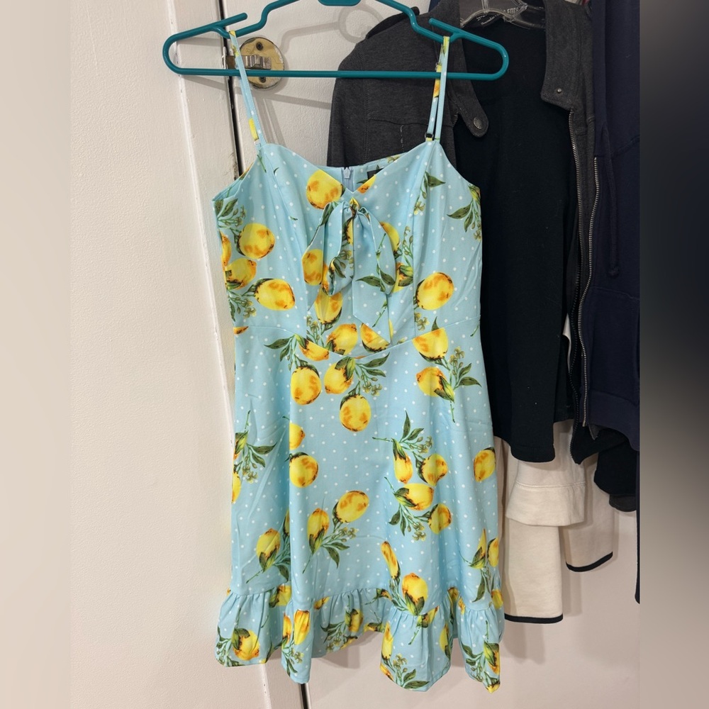 Blue Lemons Print Polka Dot Dress